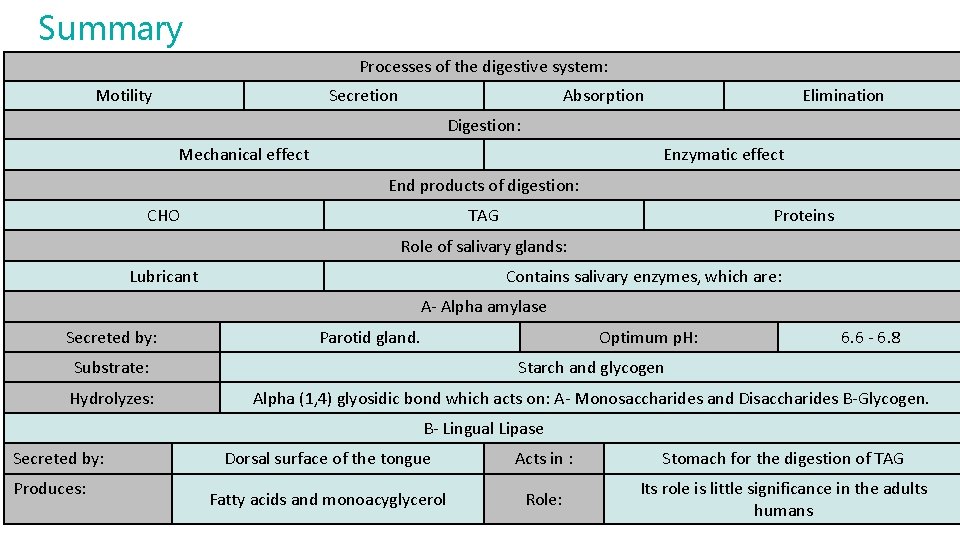 Summary Processes of the digestive system: Motility Secretion Absorption Elimination Digestion: Mechanical effect Enzymatic