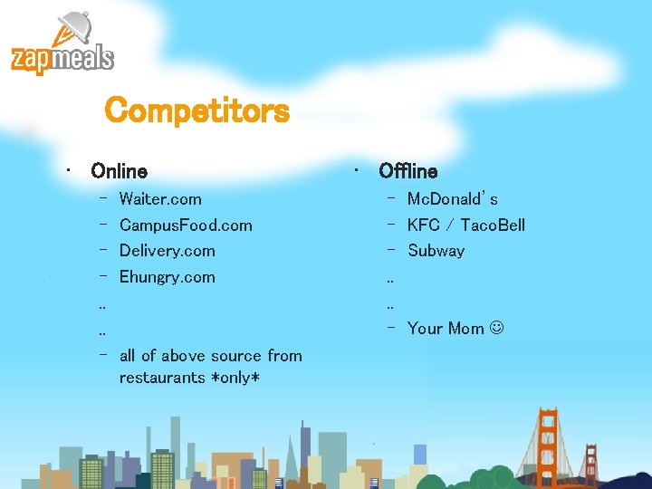Competitors • Online • Offline – – – –. . . . – Waiter.