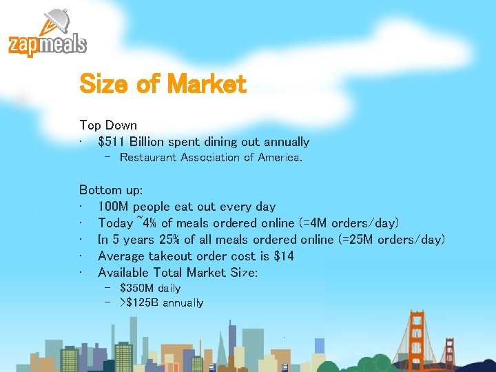 Size of Market Top Down • $511 Billion spent dining out annually – Restaurant