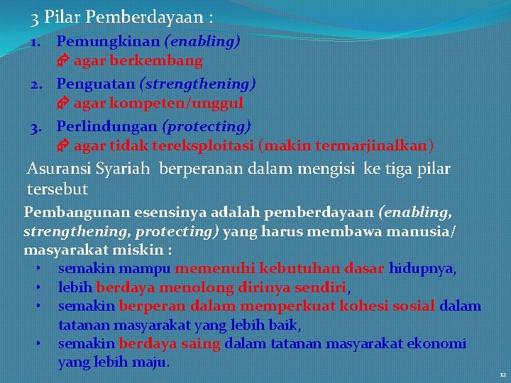 3 Pilar Pemberdayaan : 1. Pemungkinan (enabling) agar berkembang 2. Penguatan (strengthening) agar kompeten/unggul