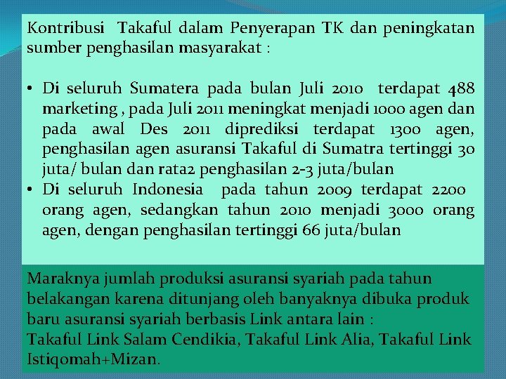 Kontribusi Takaful dalam Penyerapan TK dan peningkatan sumber penghasilan masyarakat : • Di seluruh