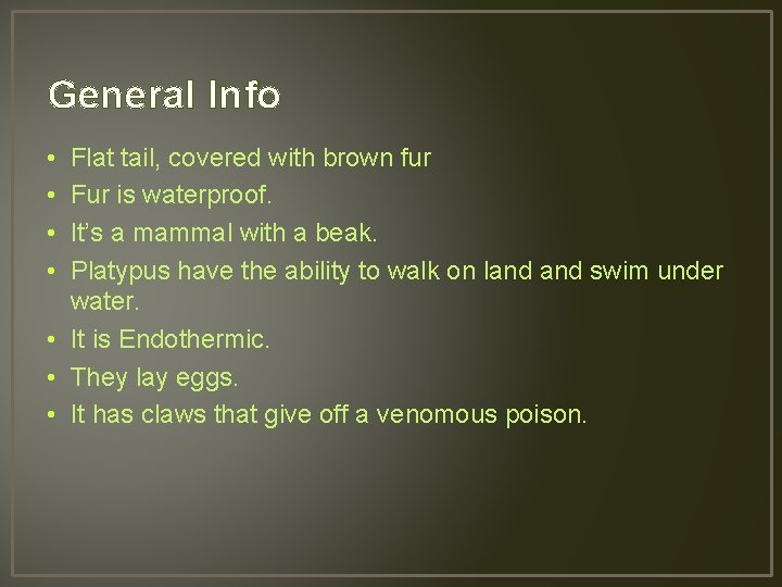 General Info • • Flat tail, covered with brown fur Fur is waterproof. It’s