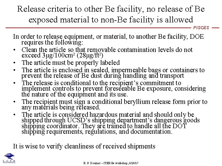 Release criteria to other Be facility, no release of Be exposed material to non-Be