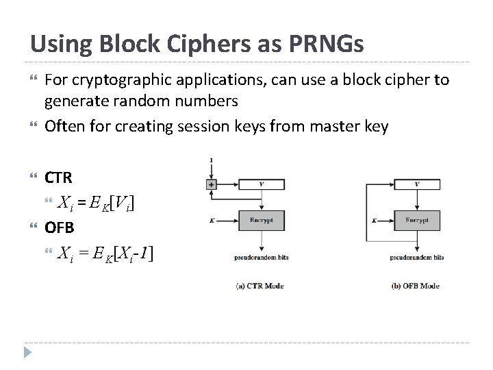 Using Block Ciphers as PRNGs For cryptographic applications, can use a block cipher to