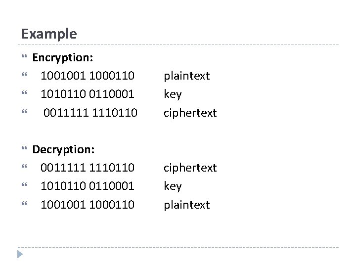 Example Encryption: 1001001 1000110 1010110001 0011111 1110110 plaintext key ciphertext Decryption: 0011111 1110110 1010110001