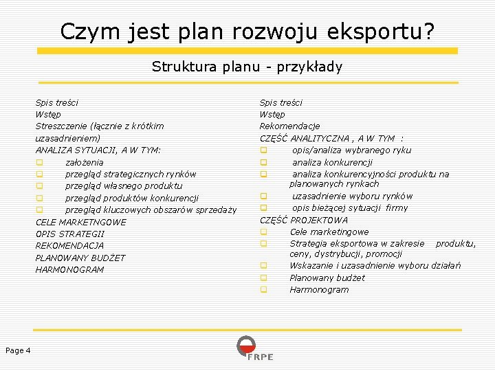 Czym jest plan rozwoju eksportu? Struktura planu - przykłady Spis treści Wstęp Streszczenie (łącznie