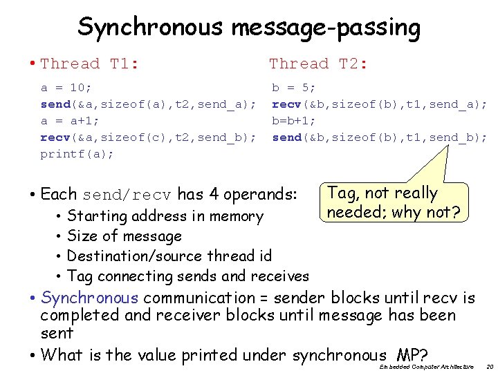 Synchronous message-passing • Thread T 1: a = 10; send(&a, sizeof(a), t 2, send_a);