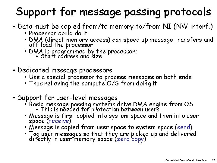 Support for message passing protocols • Data must be copied from/to memory to/from NI