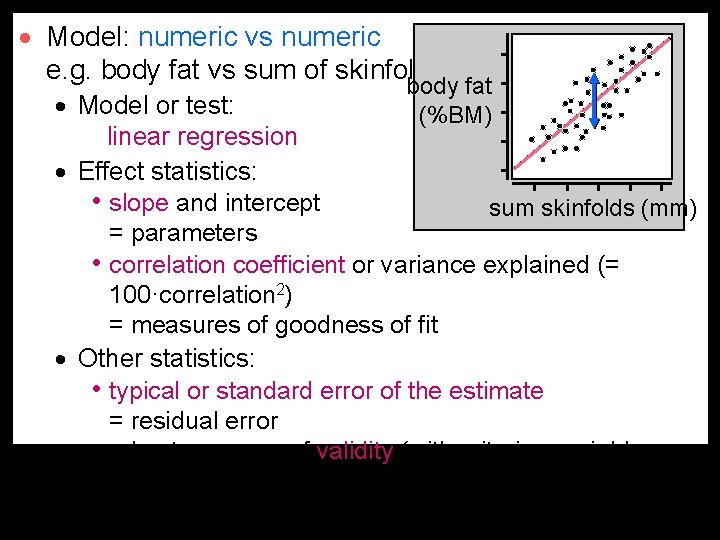 · Model: numeric vs numeric e. g. body fat vs sum of skinfolds · · Model: numeric vs numeric e. g. body fat vs sum of skinfolds ·