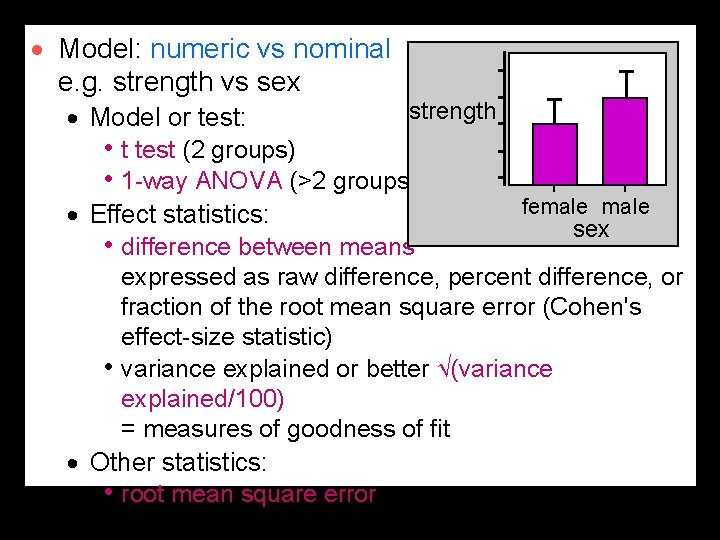 · Model: numeric vs nominal e. g. strength vs sex · Model or test: · Model: numeric vs nominal e. g. strength vs sex · Model or test:
