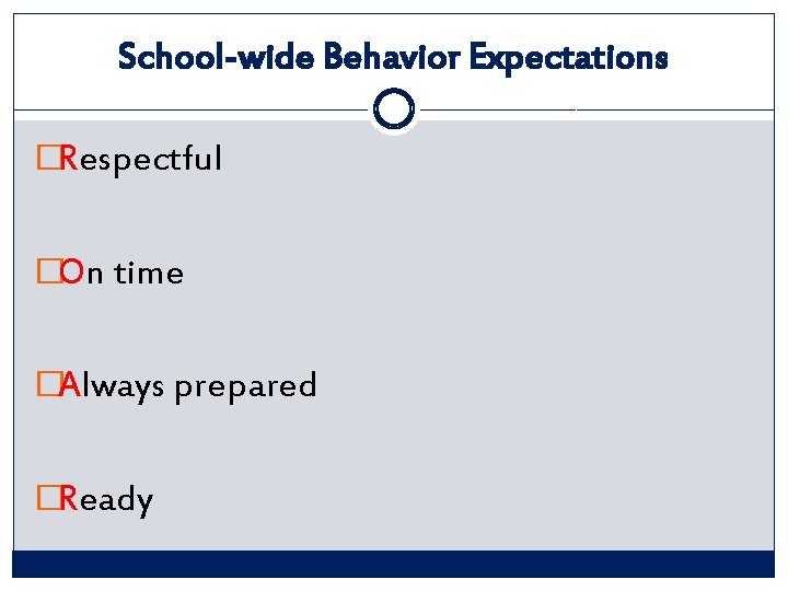 School-wide Behavior Expectations �Respectful �On time �Always prepared �Ready 