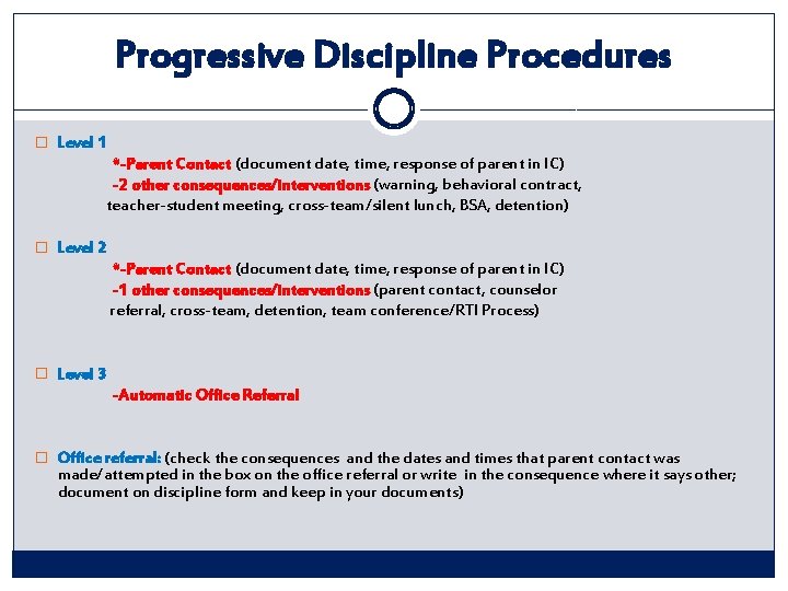 Progressive Discipline Procedures � Level 1 *-Parent Contact (document date, time, response of parent