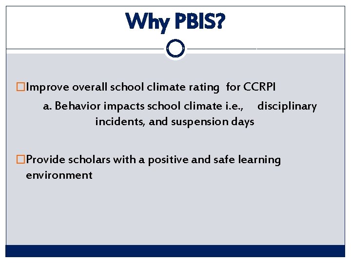 Why PBIS? �Improve overall school climate rating for CCRPI a. Behavior impacts school climate