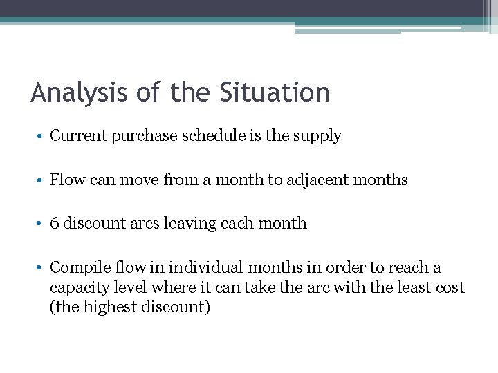 Analysis of the Situation • Current purchase schedule is the supply • Flow can