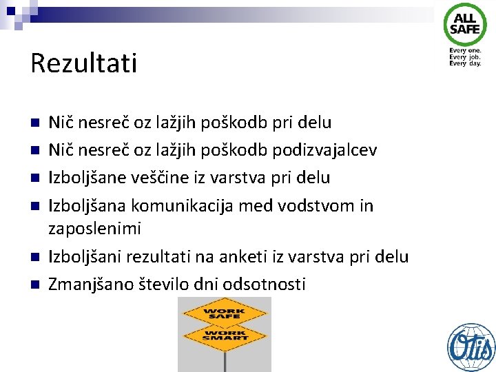 Rezultati n n n Nič nesreč oz lažjih poškodb pri delu Nič nesreč oz