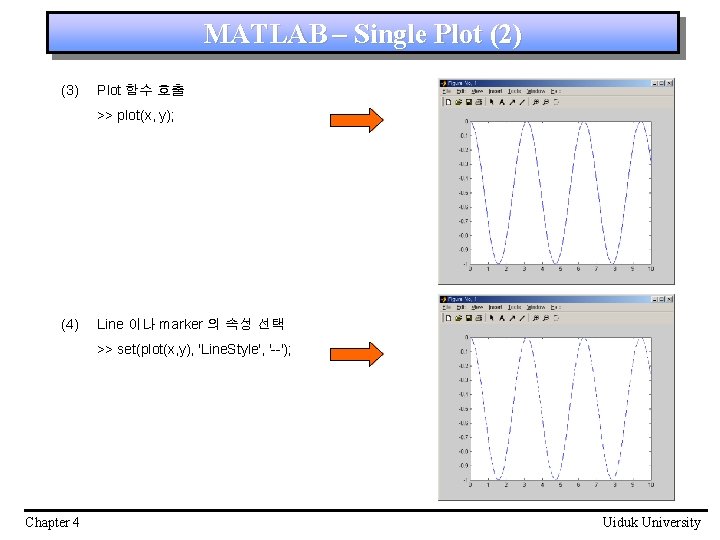 MATLAB – Single Plot (2) (3) Plot 함수 호출 >> plot(x, y); (4) Line MATLAB – Single Plot (2) (3) Plot 함수 호출 >> plot(x, y); (4) Line