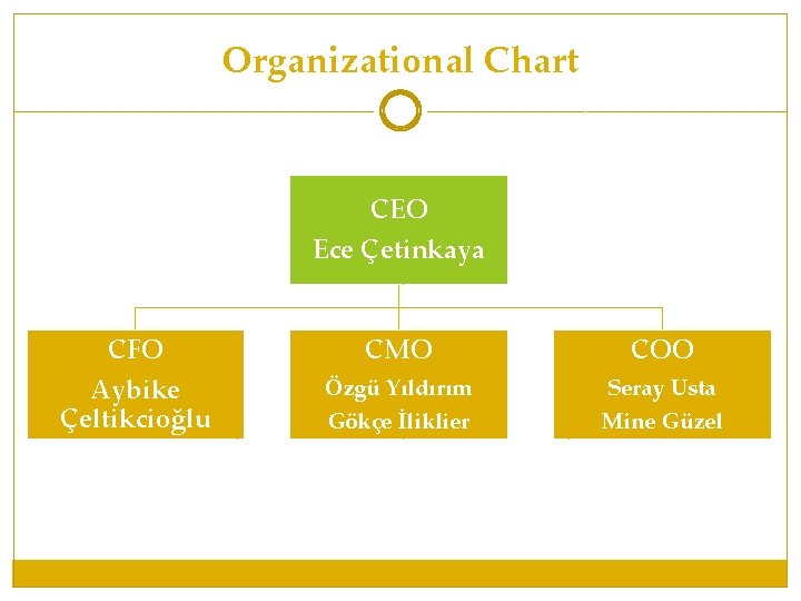 Organizational Chart CEO Ece Çetinkaya CFO CMO COO Aybike Çeltikcioğlu Özgü Yıldırım Gökçe İliklier Organizational Chart CEO Ece Çetinkaya CFO CMO COO Aybike Çeltikcioğlu Özgü Yıldırım Gökçe İliklier