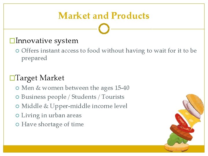 Market and Products �Innovative system Offers instant access to food without having to wait Market and Products �Innovative system Offers instant access to food without having to wait