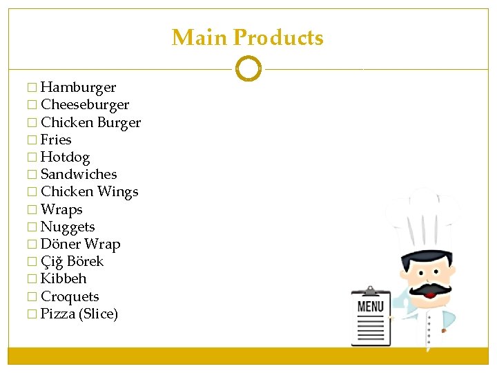 Main Products � Hamburger � Cheeseburger � Chicken Burger � Fries � Hotdog � Main Products � Hamburger � Cheeseburger � Chicken Burger � Fries � Hotdog �