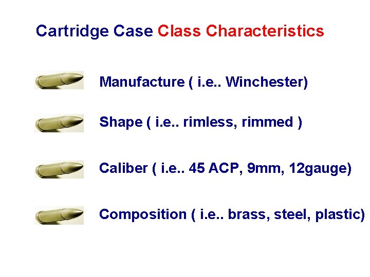 Cartridge Case Class Characteristics Manufacture ( i. e. . Winchester) Shape ( i. e.