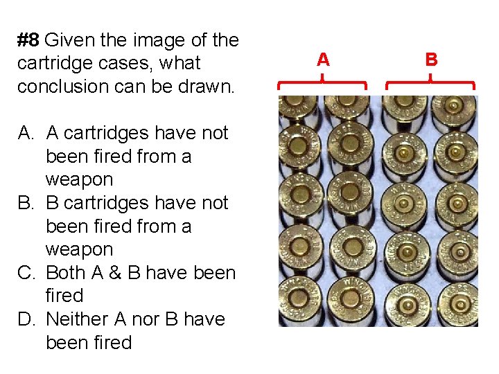 #8 Given the image of the cartridge cases, what conclusion can be drawn. A. #8 Given the image of the cartridge cases, what conclusion can be drawn. A.