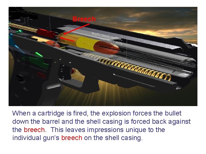 Breech When a cartridge is fired, the explosion forces the bullet down the barrel