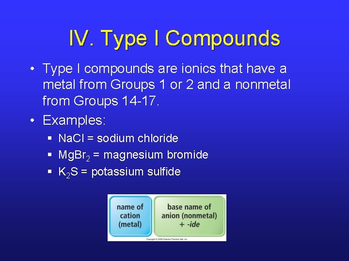 IV. Type I Compounds • Type I compounds are ionics that have a metal