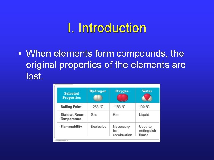 I. Introduction • When elements form compounds, the original properties of the elements are