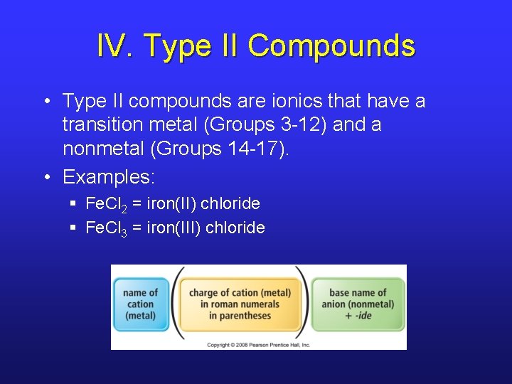 IV. Type II Compounds • Type II compounds are ionics that have a transition