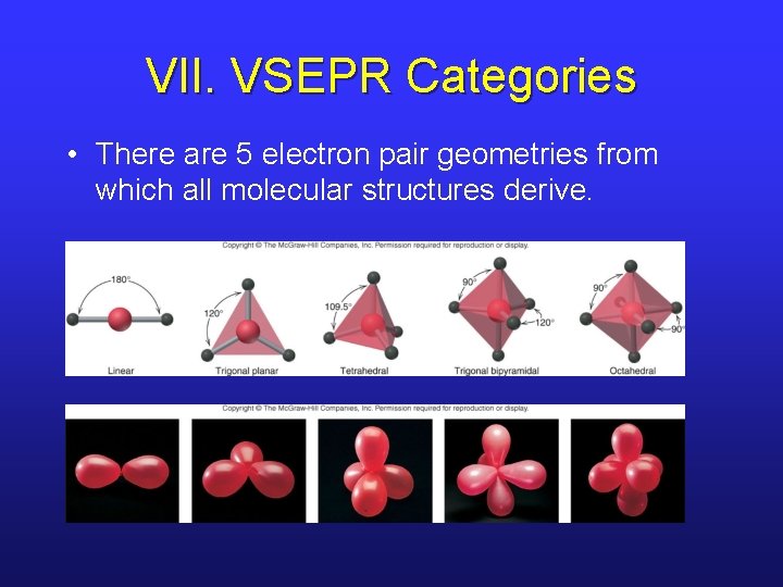 VII. VSEPR Categories • There are 5 electron pair geometries from which all molecular
