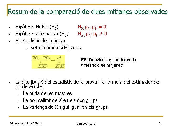 Resum de la comparació de dues mitjanes observades • • • Hipòtesis Nul·la (H