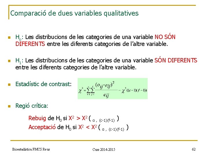 Comparació de dues variables qualitatives n n Ho: Les distribucions de les categories de
