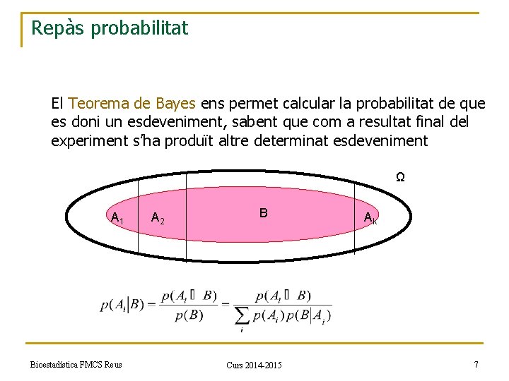 Repàs probabilitat El Teorema de Bayes ens permet calcular la probabilitat de que es