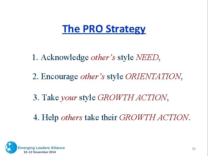 The PRO Strategy 1. Acknowledge other’s style NEED, 2. Encourage other’s style ORIENTATION, 3.