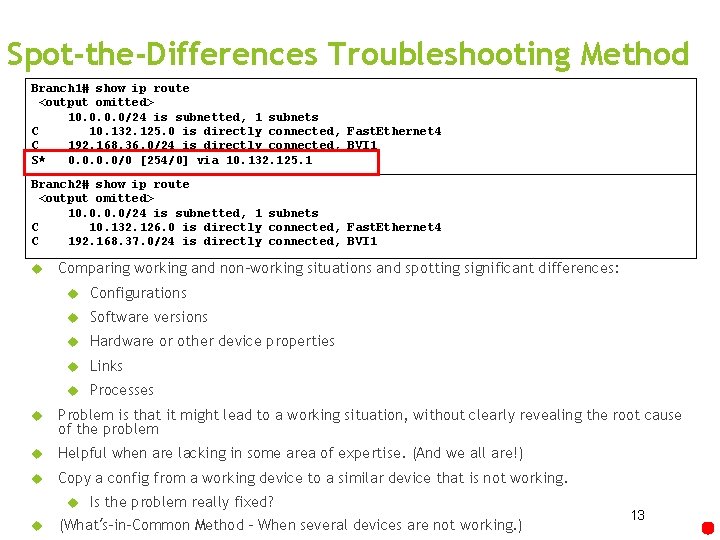 Spot-the-Differences Troubleshooting Method Branch 1# show ip route <output omitted> 10. 0/24 is subnetted,