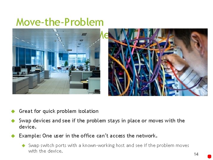 Move-the-Problem Troubleshooting Method Great for quick problem isolation Swap devices and see if the