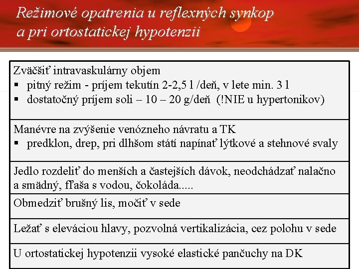 Režimové opatrenia u reflexných synkop a pri ortostatickej hypotenzii Zväčšiť intravaskulárny objem pitný režim