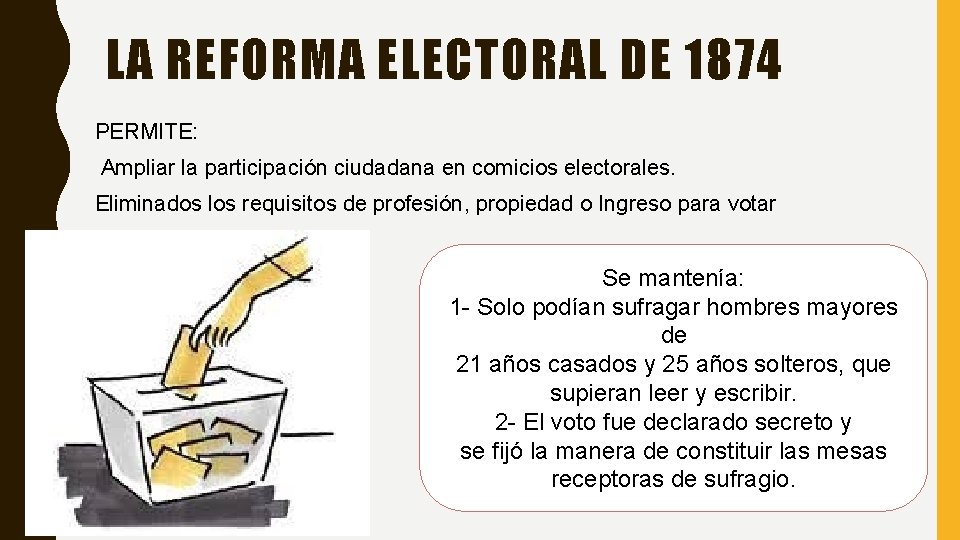 LA REFORMA ELECTORAL DE 1874 PERMITE: Ampliar la participación ciudadana en comicios electorales. Eliminados