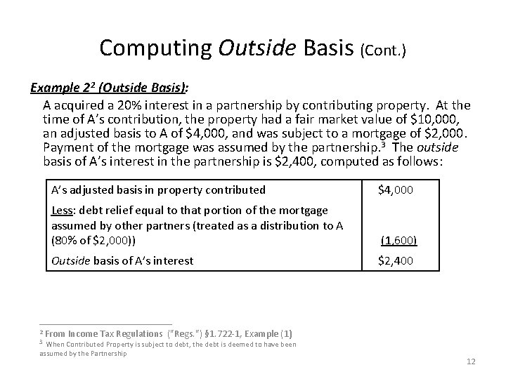 Computing Outside Basis (Cont. ) Example 22 (Outside Basis): A acquired a 20% interest