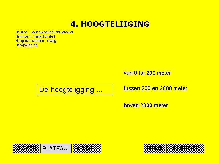 4. HOOGTELIIGING Horizon : horizontaal of lichtgolvend Hellingen : matig tot steil Hoogteverschillen :