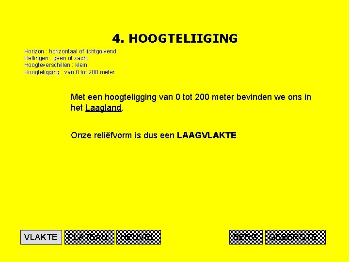 4. HOOGTELIIGING Horizon : horizontaal of lichtgolvend Hellingen : geen of zacht Hoogteverschillen :