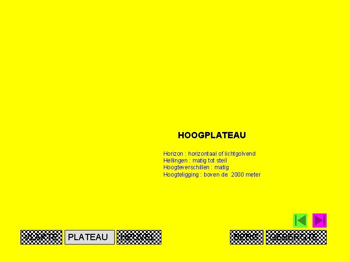 HOOGPLATEAU Horizon : horizontaal of lichtgolvend Hellingen : matig tot steil Hoogteverschillen : matig