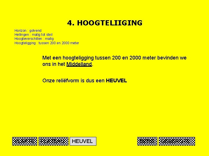 4. HOOGTELIIGING Horizon : golvend Hellingen : matig tot steil Hoogteverschillen : matig Hoogteligging