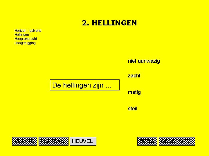 2. HELLINGEN Horizon : golvend Hellingen Hoogteverschil Hoogteligging niet aanwezig zacht De hellingen zijn