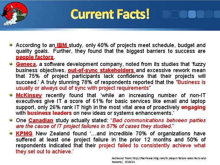 Current Facts! According to an IBM study, only 40% of projects meet schedule, budget