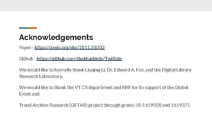 Acknowledgements Paper - https: //arxiv. org/abs/1811. 10202 Github - https: //github. com/thebluebirds/Twi. Role We