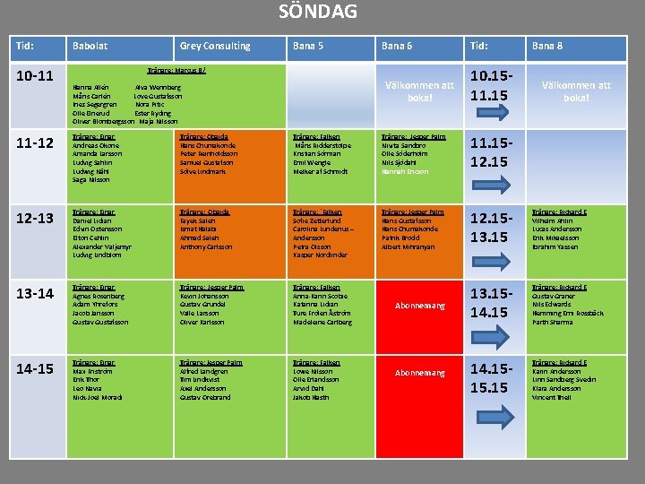 SÖNDAG Tid: 10 -11 Babolat Grey Consulting Bana 5 Bana 6 Tränare: Marcus B/