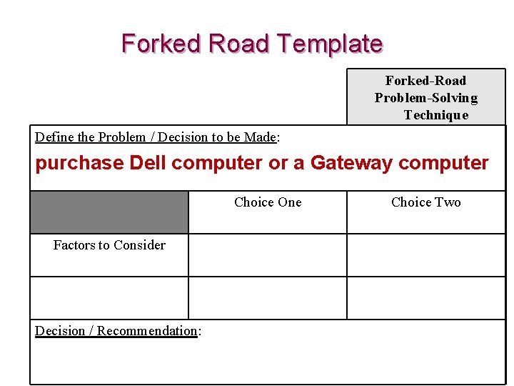 Forked Road Template Forked-Road Problem-Solving Technique Define the Problem / Decision to be Made: