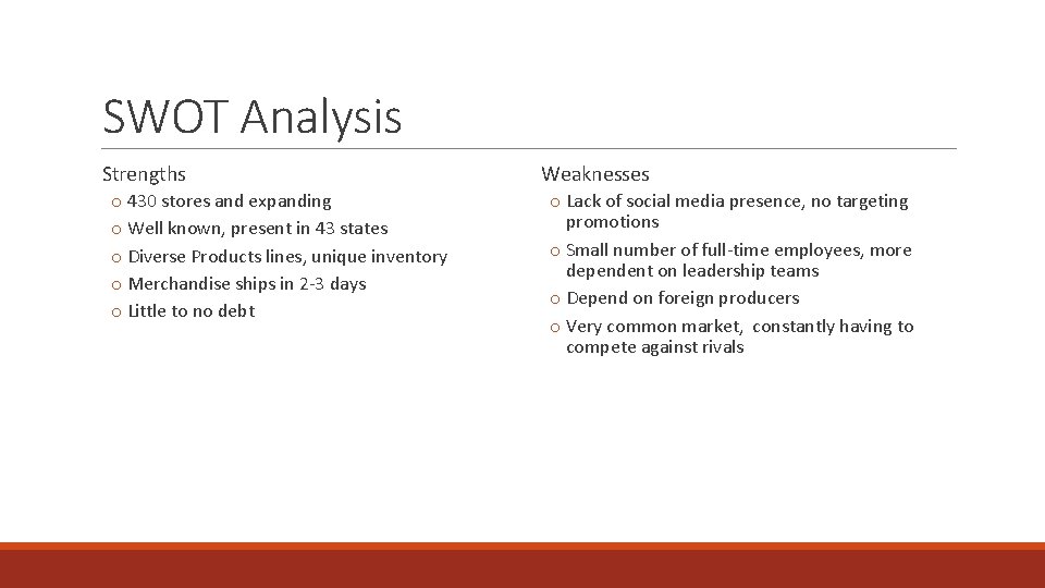 SWOT Analysis Strengths o 430 stores and expanding o Well known, present in 43