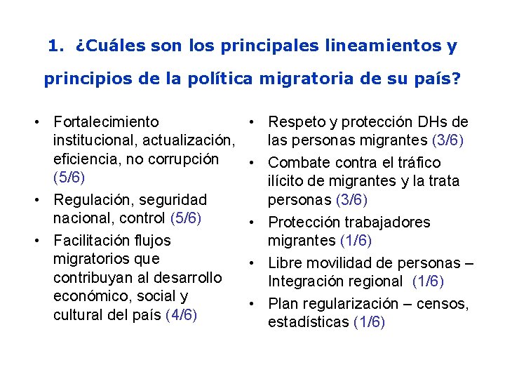 1. ¿Cuáles son los principales lineamientos y principios de la política migratoria de su